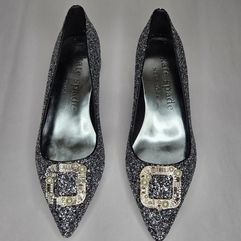 NWT Kate Spade Women's Buckle Up Glitter Flats Black Silver